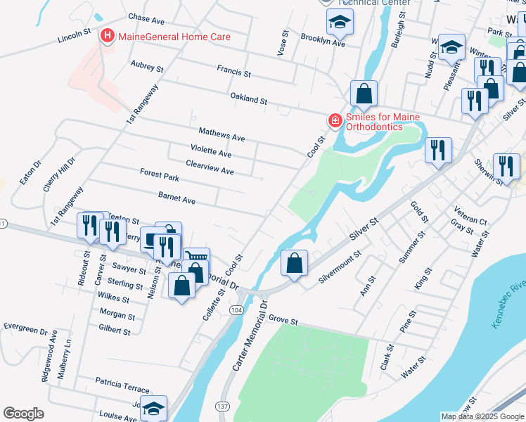 map of restaurants, bars, coffee shops, grocery stores, and more near 57 Cool Street in Waterville