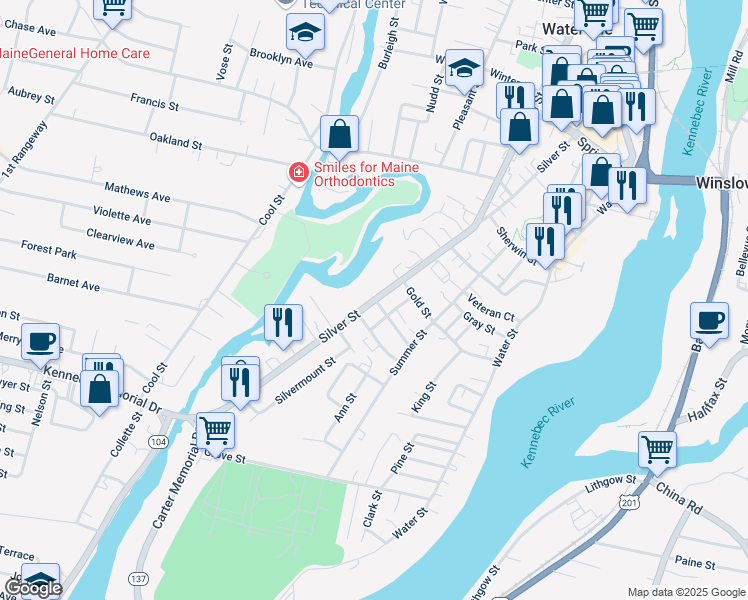 map of restaurants, bars, coffee shops, grocery stores, and more near 115 Silver Street in Waterville