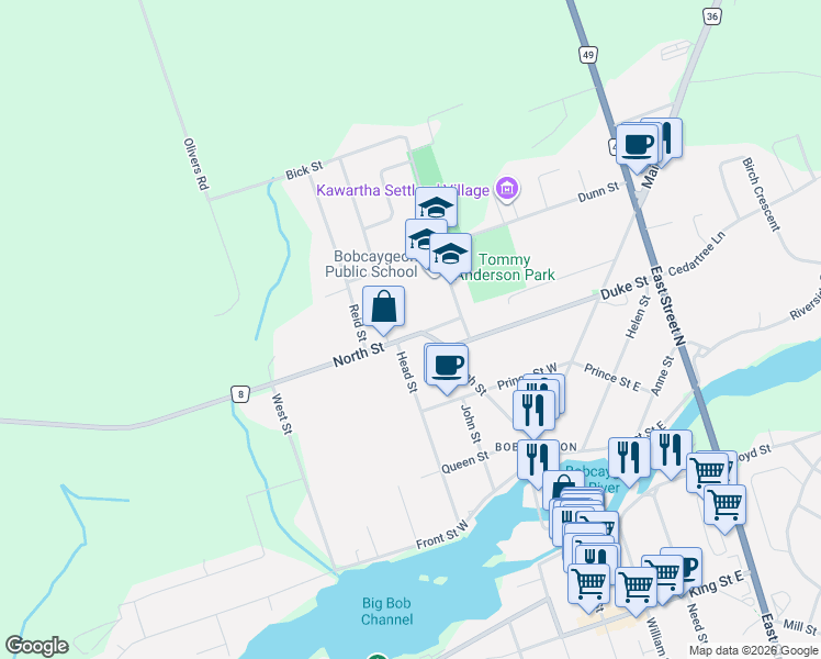 map of restaurants, bars, coffee shops, grocery stores, and more near 35 North Street in Kawartha Lakes