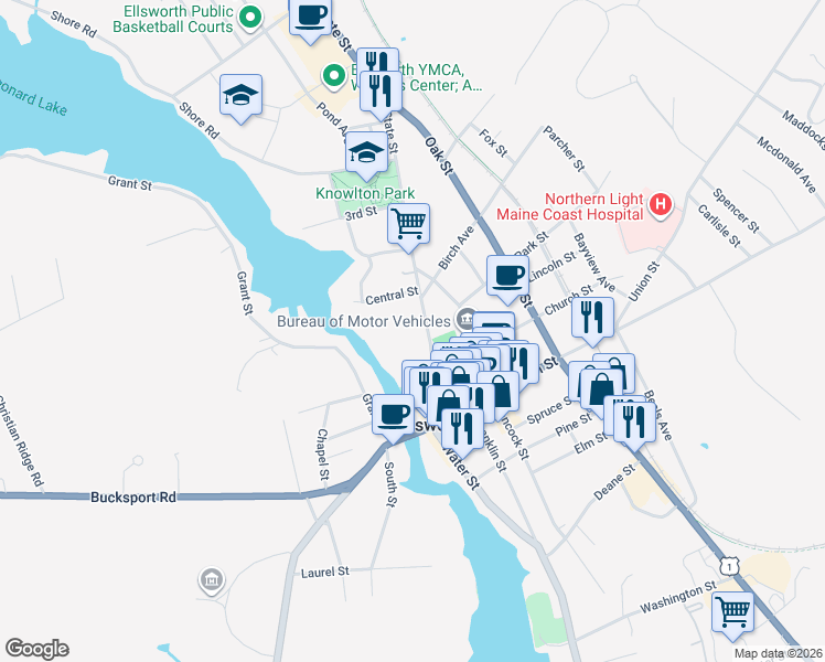 map of restaurants, bars, coffee shops, grocery stores, and more near 80 State Street in Ellsworth