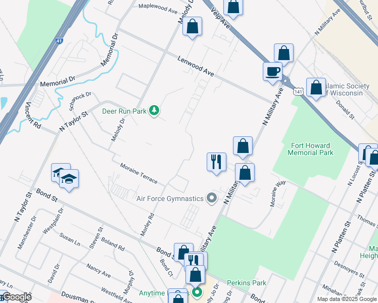 map of restaurants, bars, coffee shops, grocery stores, and more near 1081 Roland Lane in Green Bay