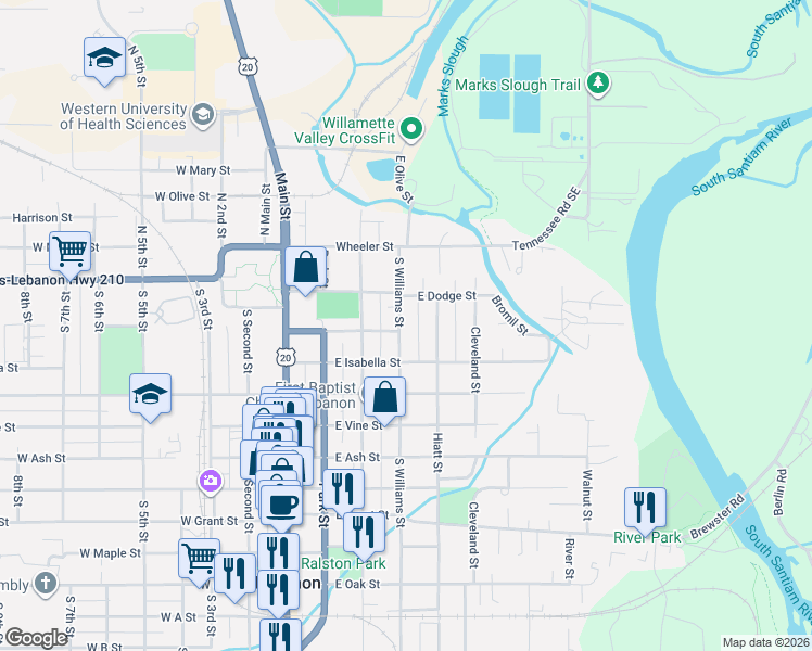 map of restaurants, bars, coffee shops, grocery stores, and more near 183 South Williams Street in Lebanon
