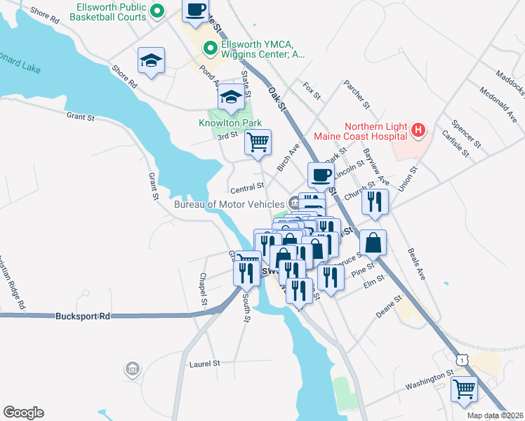 map of restaurants, bars, coffee shops, grocery stores, and more near 80 State Street in Ellsworth