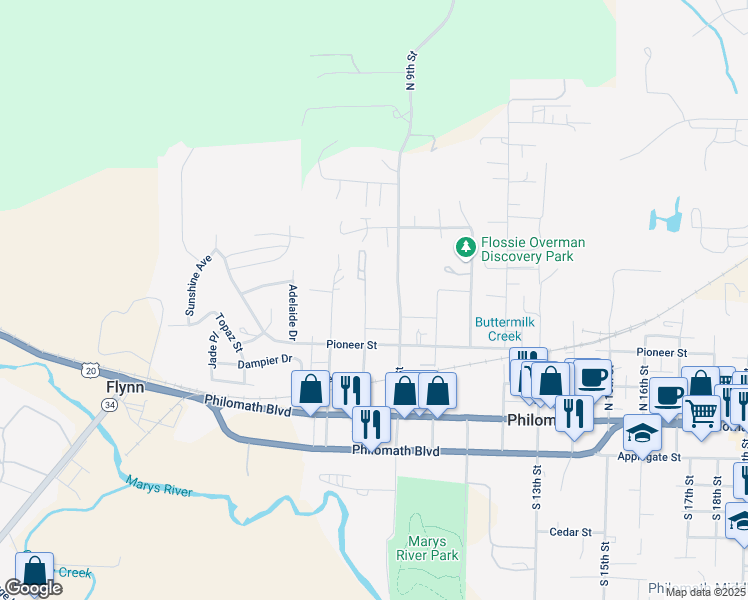map of restaurants, bars, coffee shops, grocery stores, and more near 359 North 8th Street in Philomath