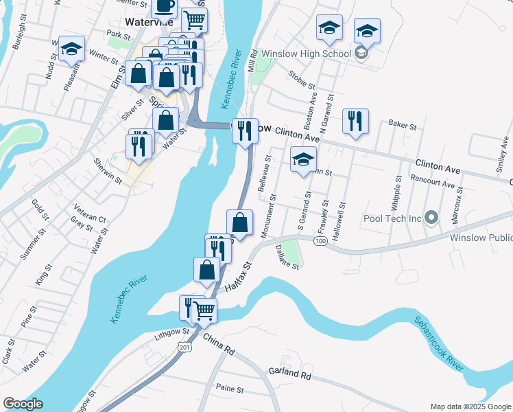 map of restaurants, bars, coffee shops, grocery stores, and more near 34 Bay Street in Winslow