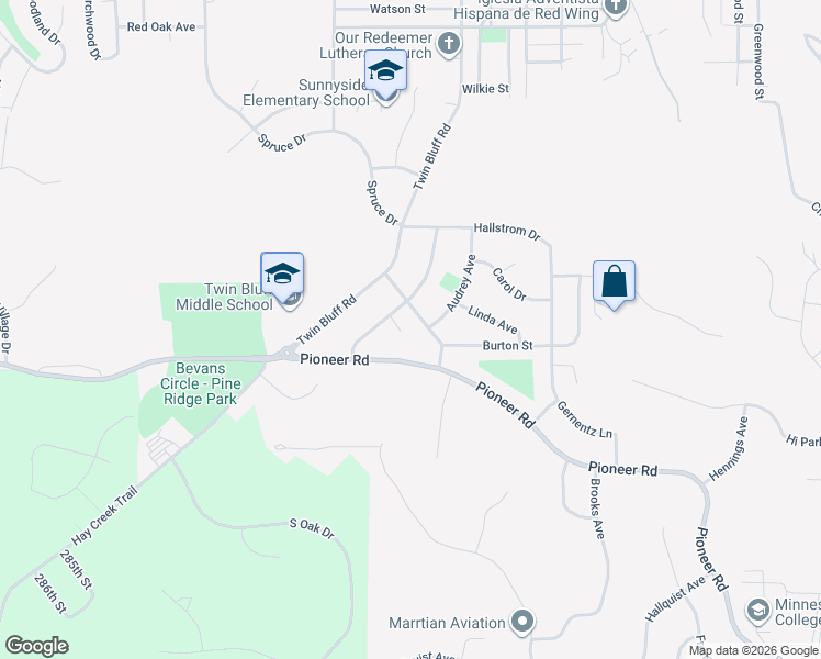 map of restaurants, bars, coffee shops, grocery stores, and more near 1030 Launa Court in Red Wing