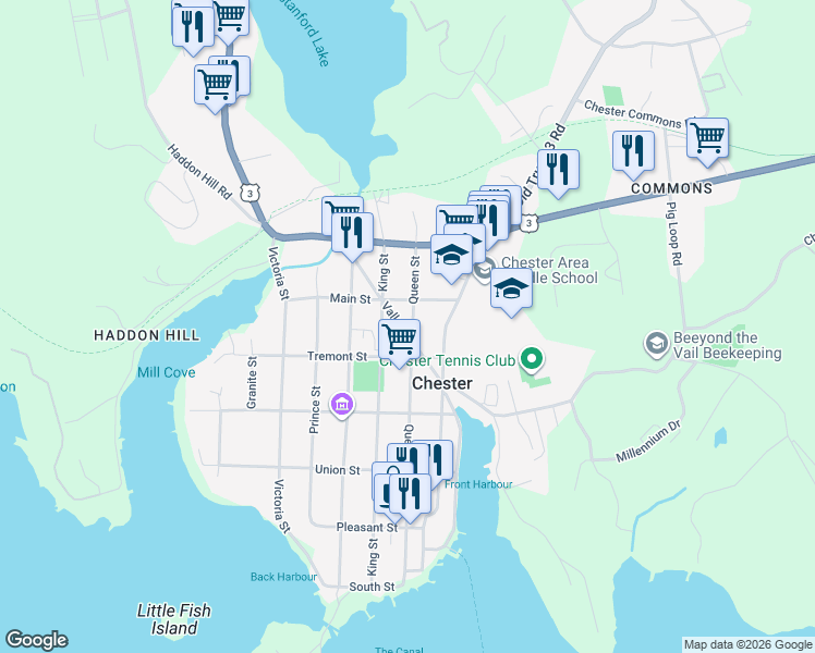 map of restaurants, bars, coffee shops, grocery stores, and more near 163 Queen Street in Chester