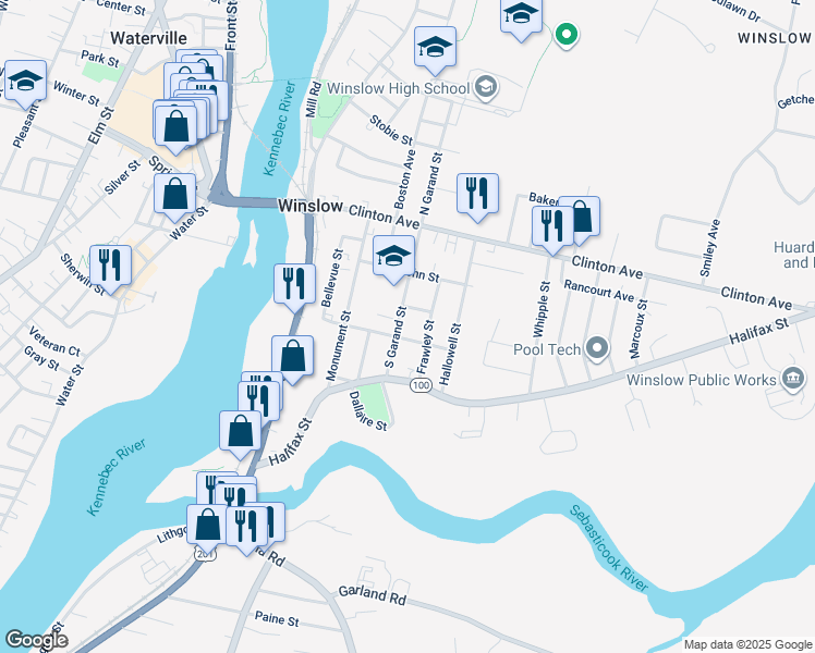 map of restaurants, bars, coffee shops, grocery stores, and more near 7 Frawley Street in Winslow