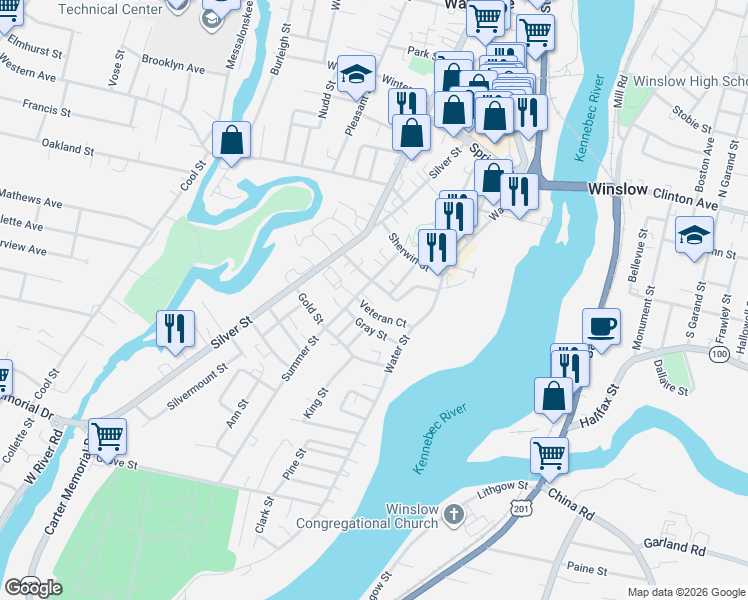 map of restaurants, bars, coffee shops, grocery stores, and more near 20 Summer Street in Waterville