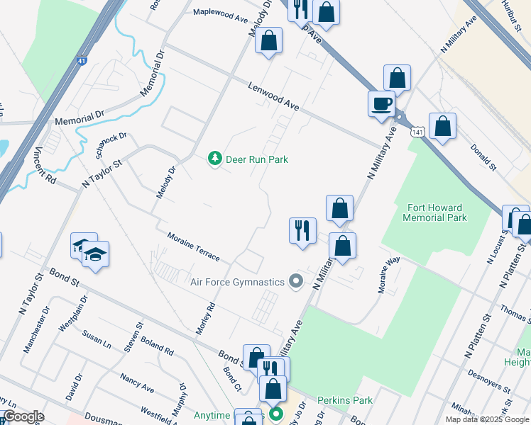 map of restaurants, bars, coffee shops, grocery stores, and more near 1081 Roland Lane in Green Bay