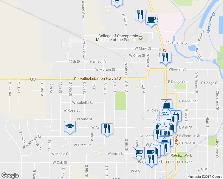 map of restaurants, bars, coffee shops, grocery stores, and more near 194 South 6th Street in Lebanon