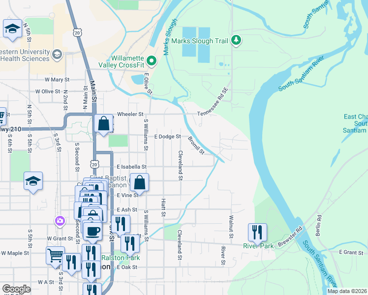 map of restaurants, bars, coffee shops, grocery stores, and more near 121 Cleveland Street in Lebanon