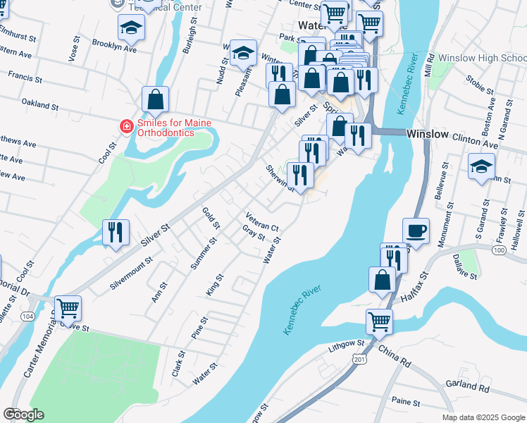 map of restaurants, bars, coffee shops, grocery stores, and more near 20 Summer Street in Waterville