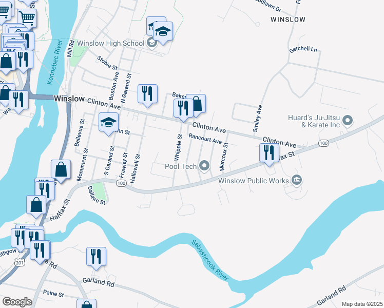 map of restaurants, bars, coffee shops, grocery stores, and more near 10 Poulin Street in Winslow