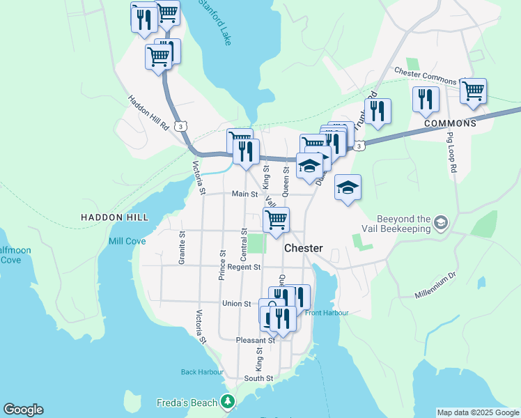 map of restaurants, bars, coffee shops, grocery stores, and more near 165 King Street in Chester