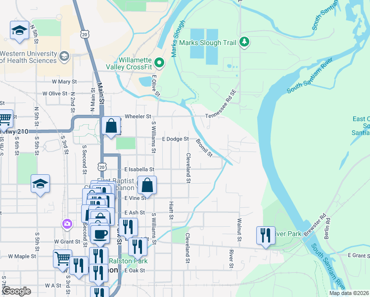 map of restaurants, bars, coffee shops, grocery stores, and more near 121 Cleveland Street in Lebanon