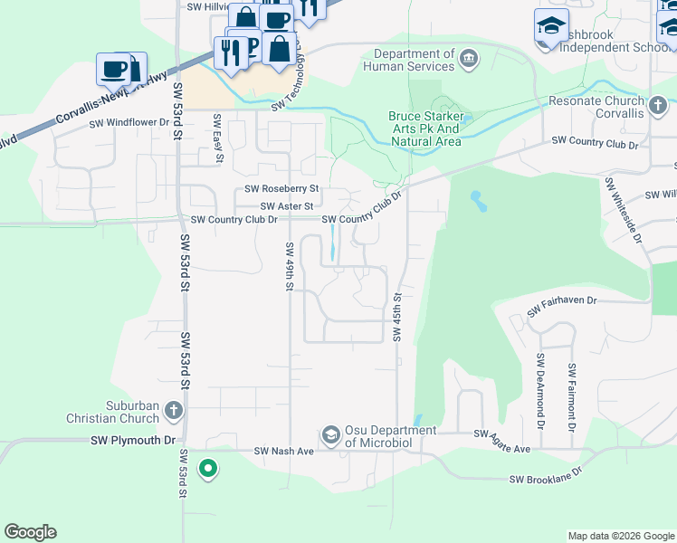 map of restaurants, bars, coffee shops, grocery stores, and more near 4710 Southwest Hollyhock Circle in Corvallis