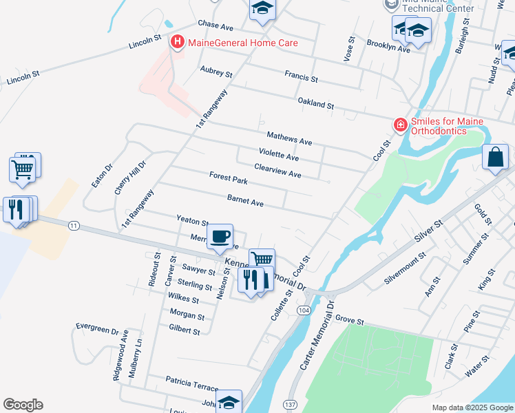map of restaurants, bars, coffee shops, grocery stores, and more near 32 Barnet Avenue in Waterville
