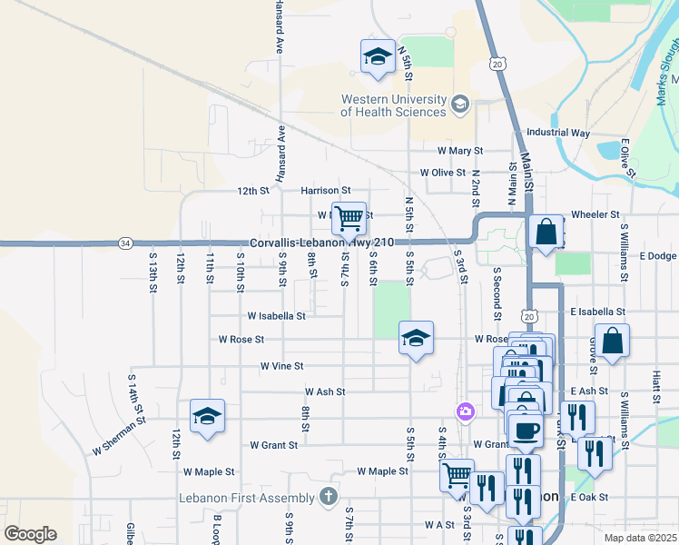 map of restaurants, bars, coffee shops, grocery stores, and more near 184 South 7th Street in Lebanon
