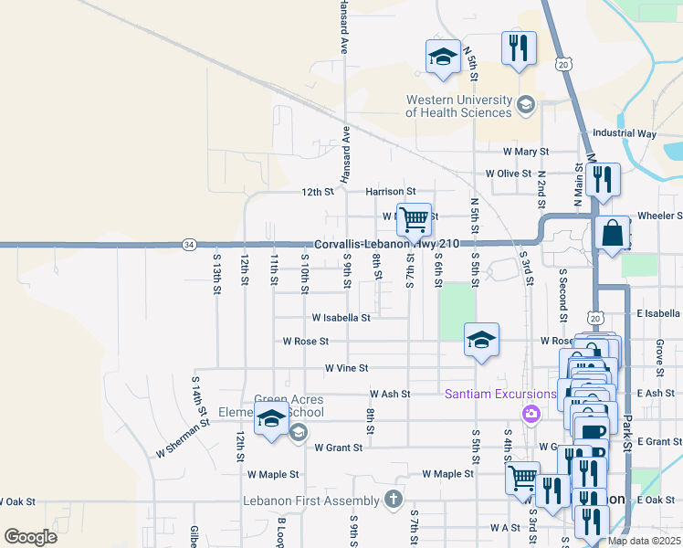 map of restaurants, bars, coffee shops, grocery stores, and more near 810 West Academy Street in Lebanon