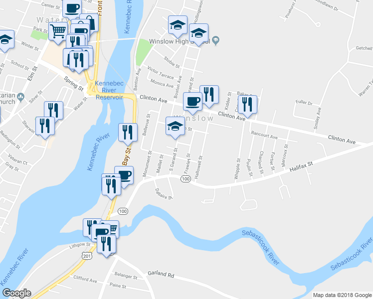 map of restaurants, bars, coffee shops, grocery stores, and more near 7 Frawley Street in Winslow