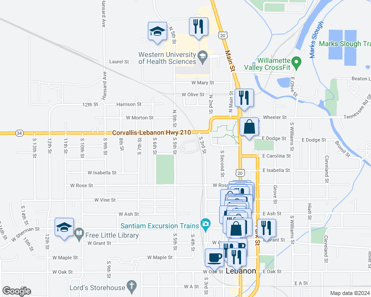 map of restaurants, bars, coffee shops, grocery stores, and more near 181 South 5th Street in Lebanon