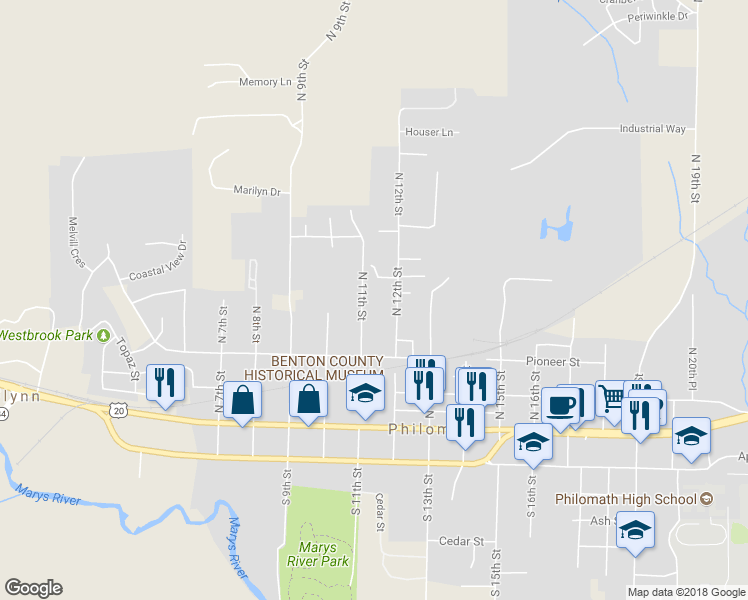 map of restaurants, bars, coffee shops, grocery stores, and more near 460 North 12th Street in Philomath