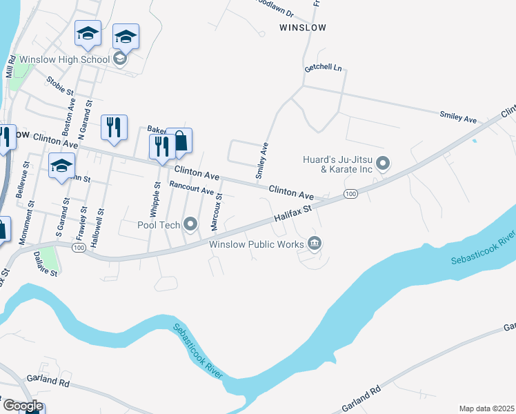 map of restaurants, bars, coffee shops, grocery stores, and more near 134 Halifax Street in Winslow
