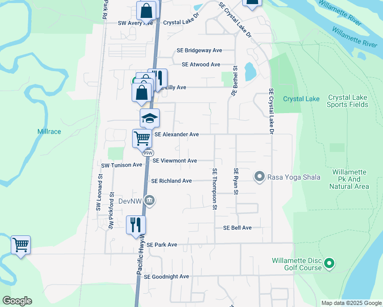 map of restaurants, bars, coffee shops, grocery stores, and more near 525 Southeast Viewmont Avenue in Corvallis