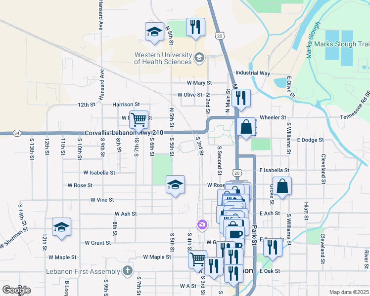 map of restaurants, bars, coffee shops, grocery stores, and more near 181 South 5th Street in Lebanon