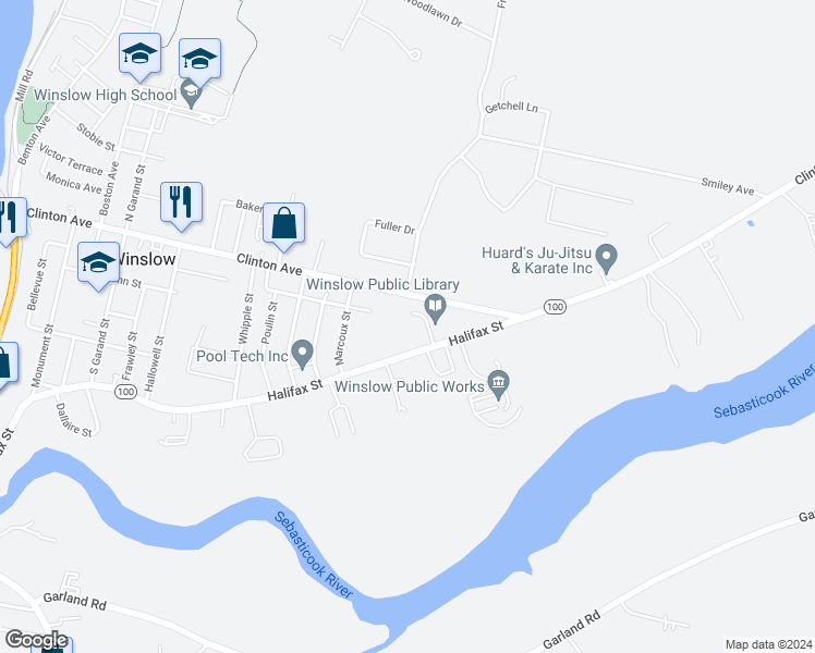 map of restaurants, bars, coffee shops, grocery stores, and more near 134 Halifax Street in Winslow