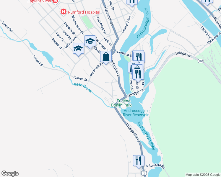 map of restaurants, bars, coffee shops, grocery stores, and more near 14 Prospect Avenue in Rumford