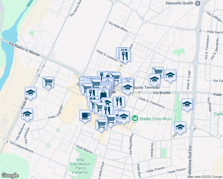 map of restaurants, bars, coffee shops, grocery stores, and more near in Sassuolo