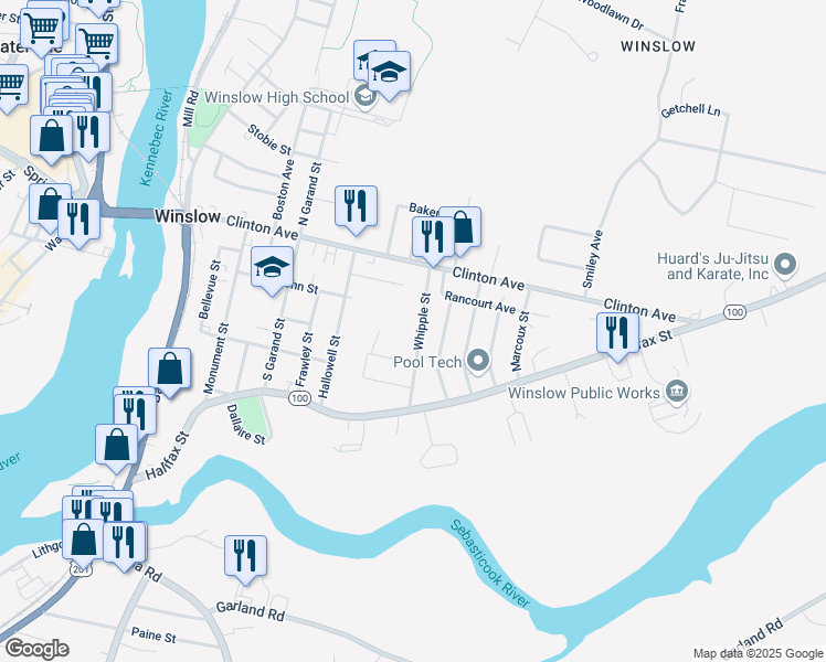 map of restaurants, bars, coffee shops, grocery stores, and more near 17 Whipple Street in Winslow