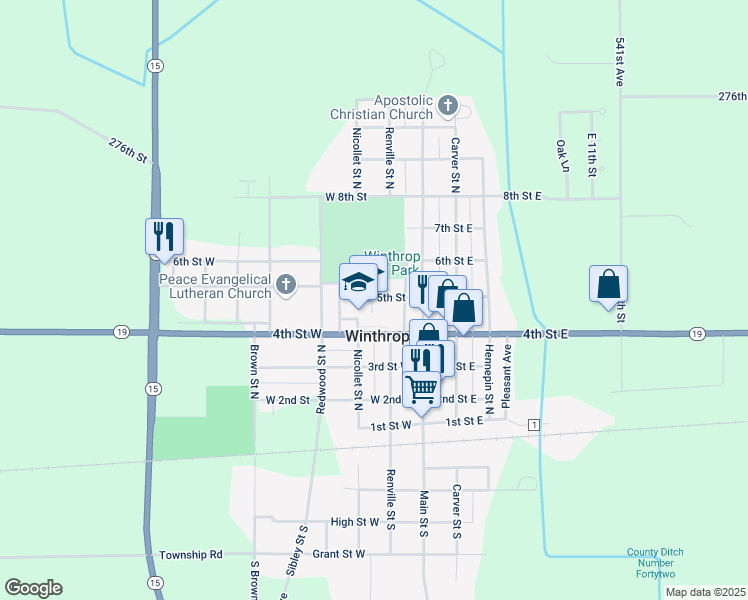 map of restaurants, bars, coffee shops, grocery stores, and more near 409 Rosewood Street in Winthrop
