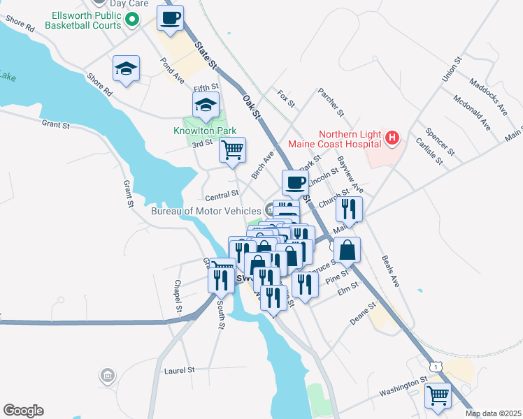 map of restaurants, bars, coffee shops, grocery stores, and more near 44 School St in Ellsworth
