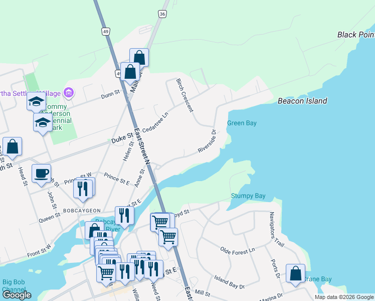 map of restaurants, bars, coffee shops, grocery stores, and more near 58 Riverside Drive in Kawartha Lakes