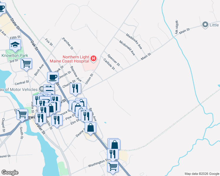 map of restaurants, bars, coffee shops, grocery stores, and more near 9 Fairground Road in Ellsworth