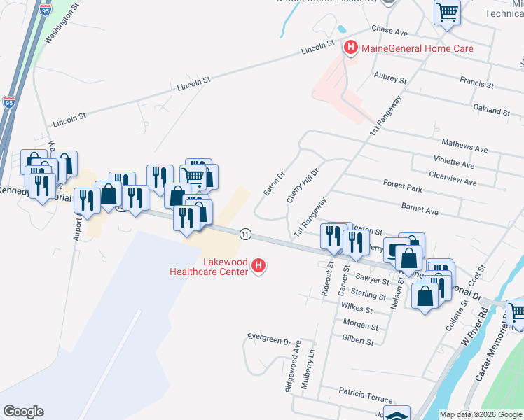 map of restaurants, bars, coffee shops, grocery stores, and more near 24 Eaton Drive in Waterville