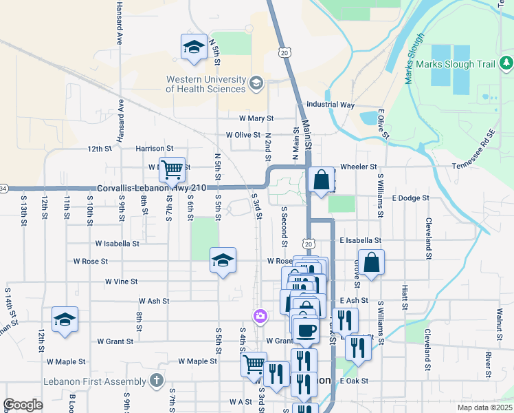 map of restaurants, bars, coffee shops, grocery stores, and more near 143 South 3rd Street in Lebanon