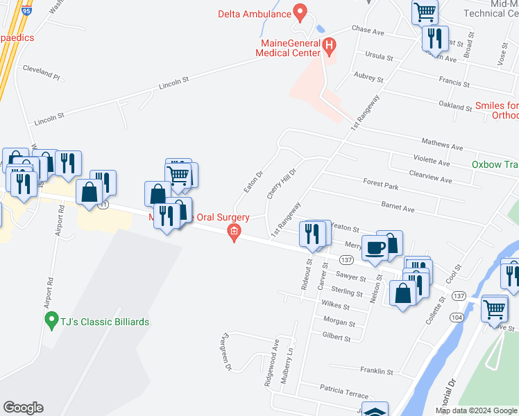 map of restaurants, bars, coffee shops, grocery stores, and more near 4 Cherry Hill Drive in Waterville
