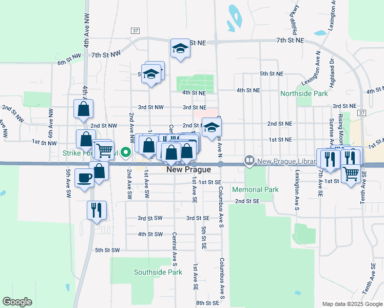 map of restaurants, bars, coffee shops, grocery stores, and more near in New Prague