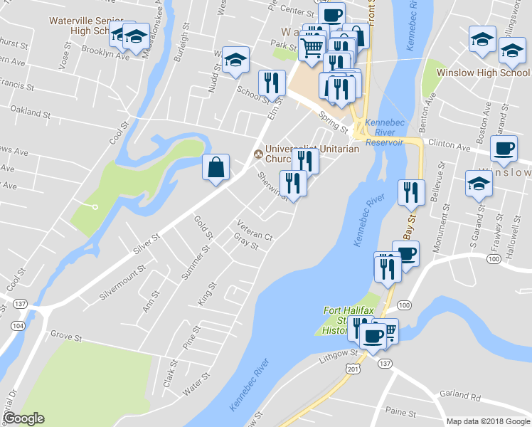 map of restaurants, bars, coffee shops, grocery stores, and more near 11 Autumn Street in Waterville