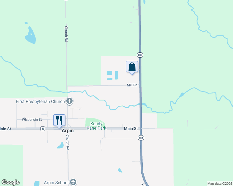 map of restaurants, bars, coffee shops, grocery stores, and more near 6163 Mill Road in Arpin