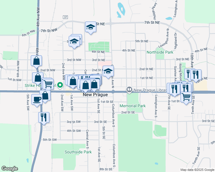 map of restaurants, bars, coffee shops, grocery stores, and more near 215 Main Street East in New Prague