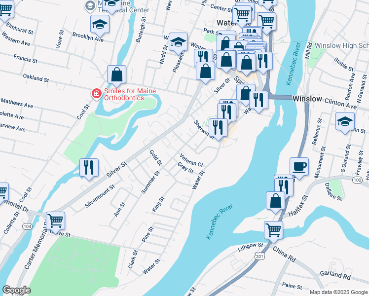 map of restaurants, bars, coffee shops, grocery stores, and more near 20 Summer Street in Waterville