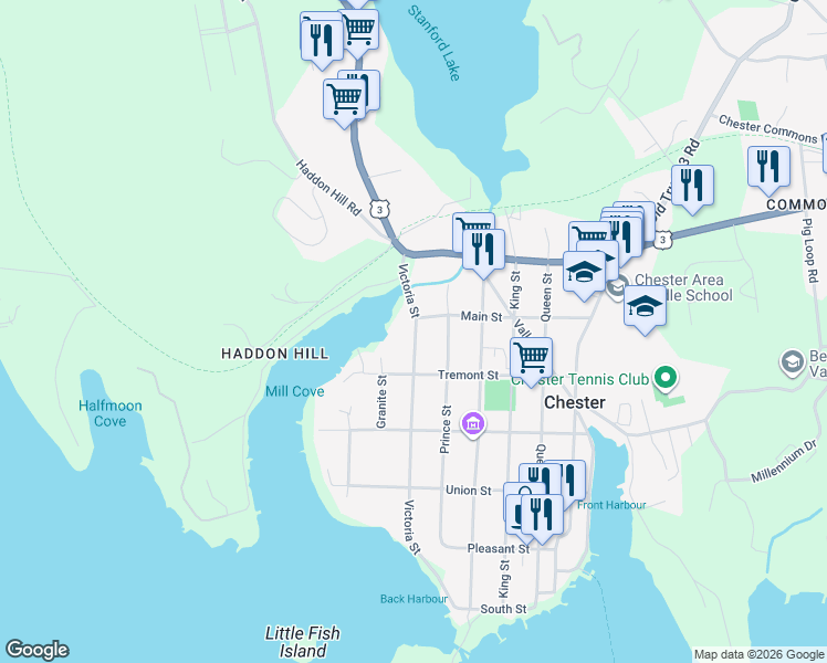 map of restaurants, bars, coffee shops, grocery stores, and more near 203 Victoria Street in Chester