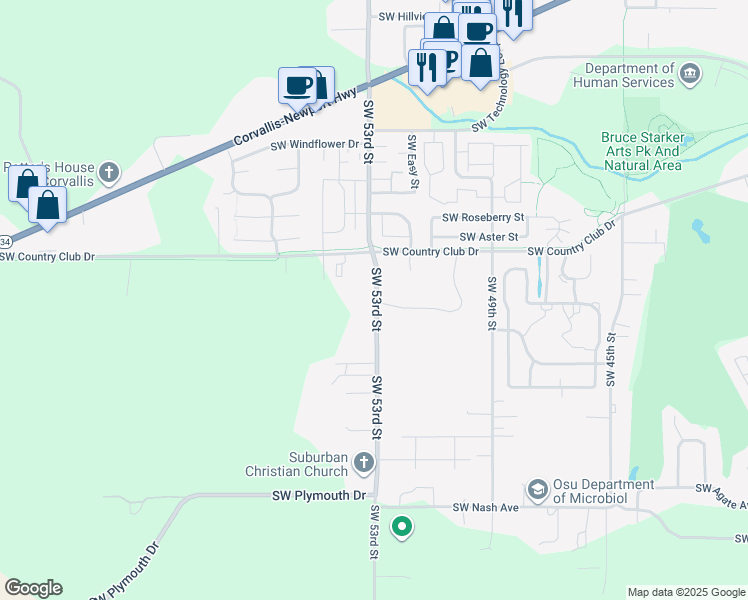 map of restaurants, bars, coffee shops, grocery stores, and more near 2150 Southwest 53rd Street in Corvallis