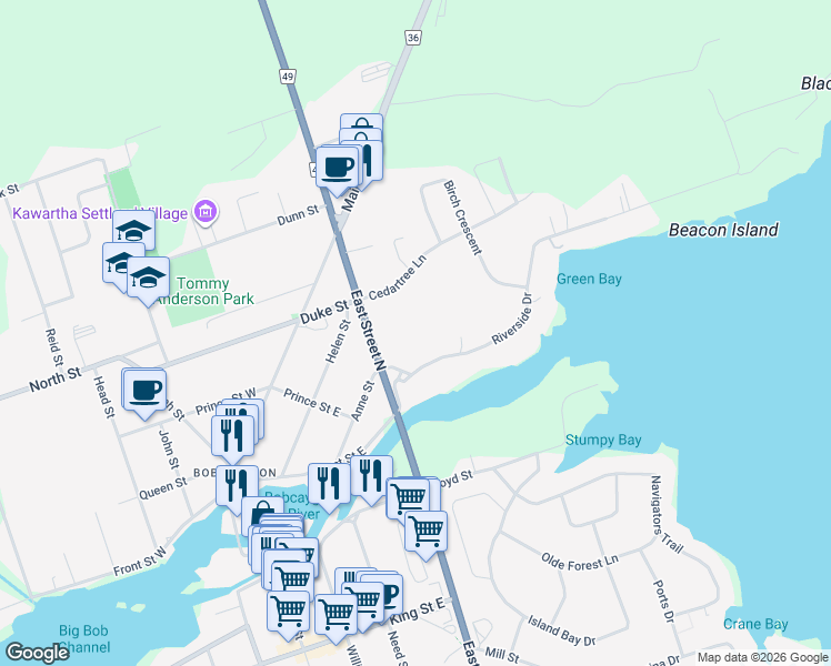 map of restaurants, bars, coffee shops, grocery stores, and more near 10 Riverside Drive in Kawartha Lakes