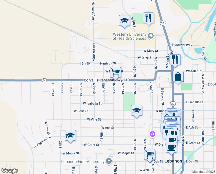 map of restaurants, bars, coffee shops, grocery stores, and more near 184 South 7th Street in Lebanon